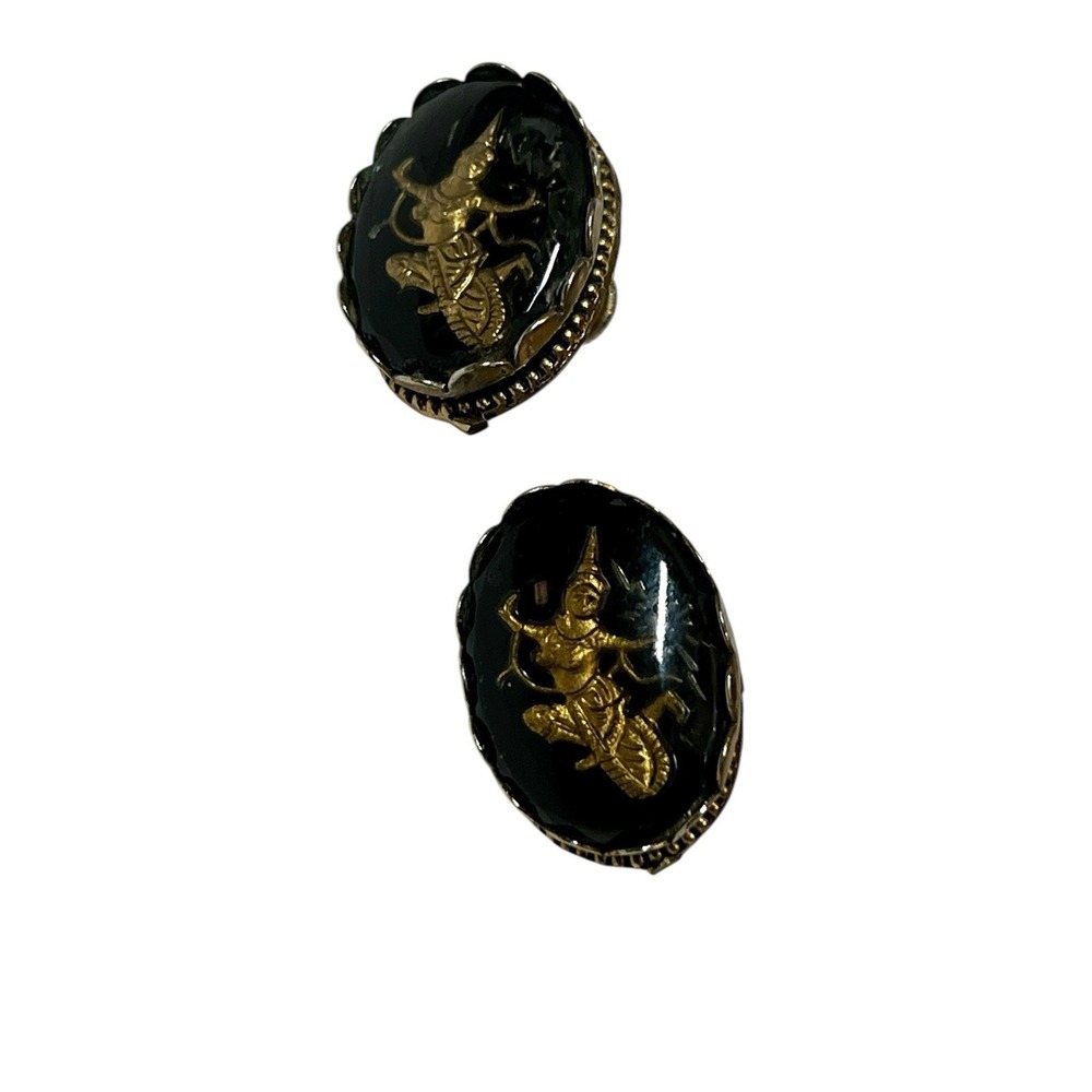 Vintage Siam Niello Hindu Goddess Screw Back Earrings - Picture 2 of 5